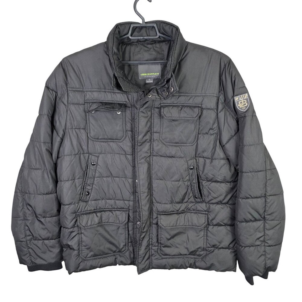 Mens John Bartlett Black Puffer Jacket Full Zip & Snap Button Polyester Size XL